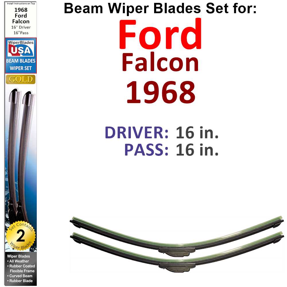 Set of 2 Beam Wiper Blades designed for 1968 Ford Falcon, showcasing their sleek design and durable construction.