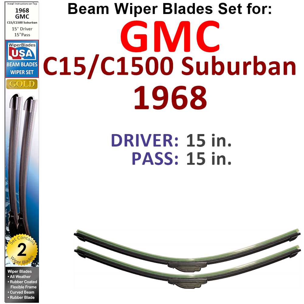 Set of two Beam Wiper Blades designed for 1968 GMC C15/C1500 Suburban, showcasing their low-profile and flexible design.