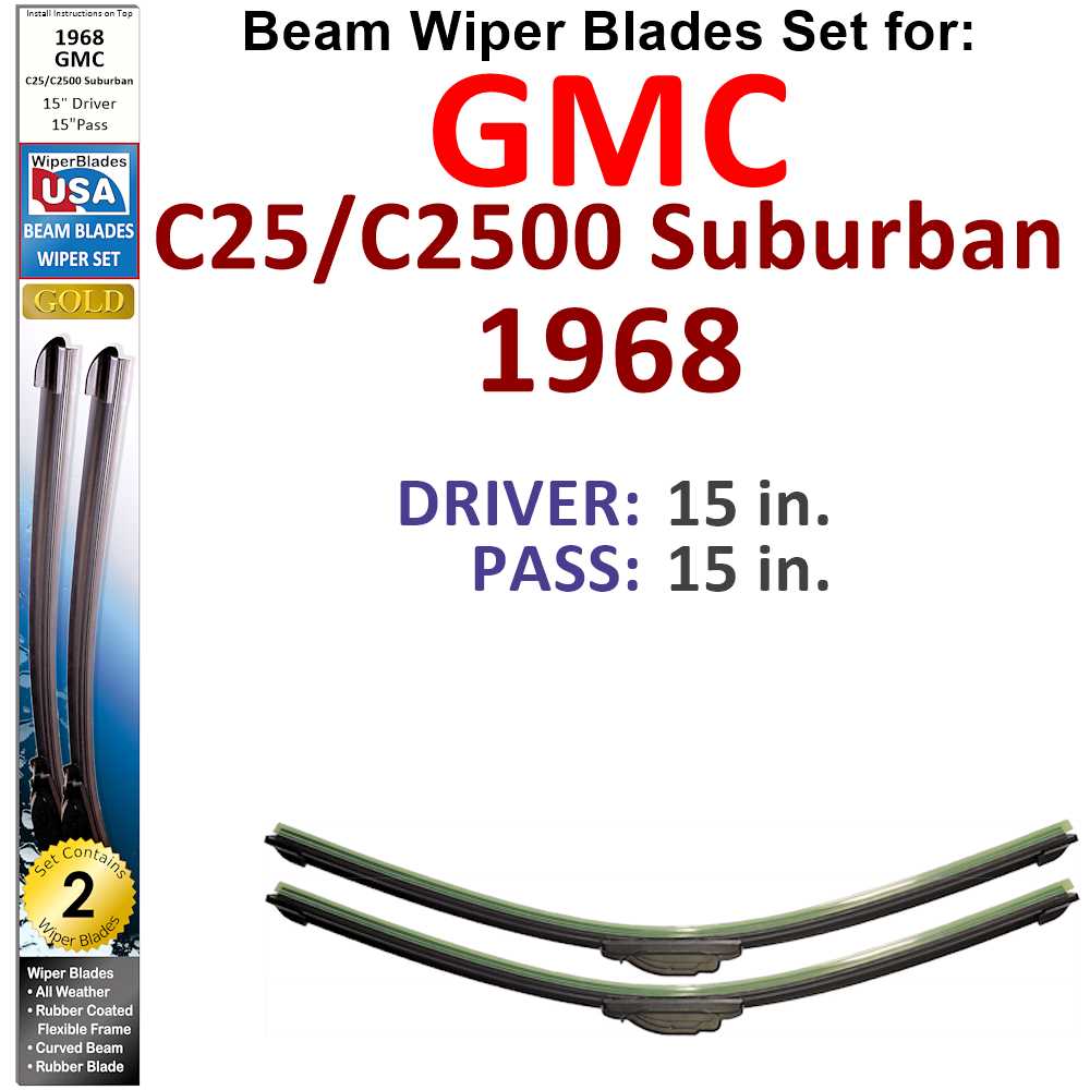 Set of 2 Beam Wiper Blades designed for 1968 GMC C25/C2500 Suburban, showcasing their flexible and durable construction.