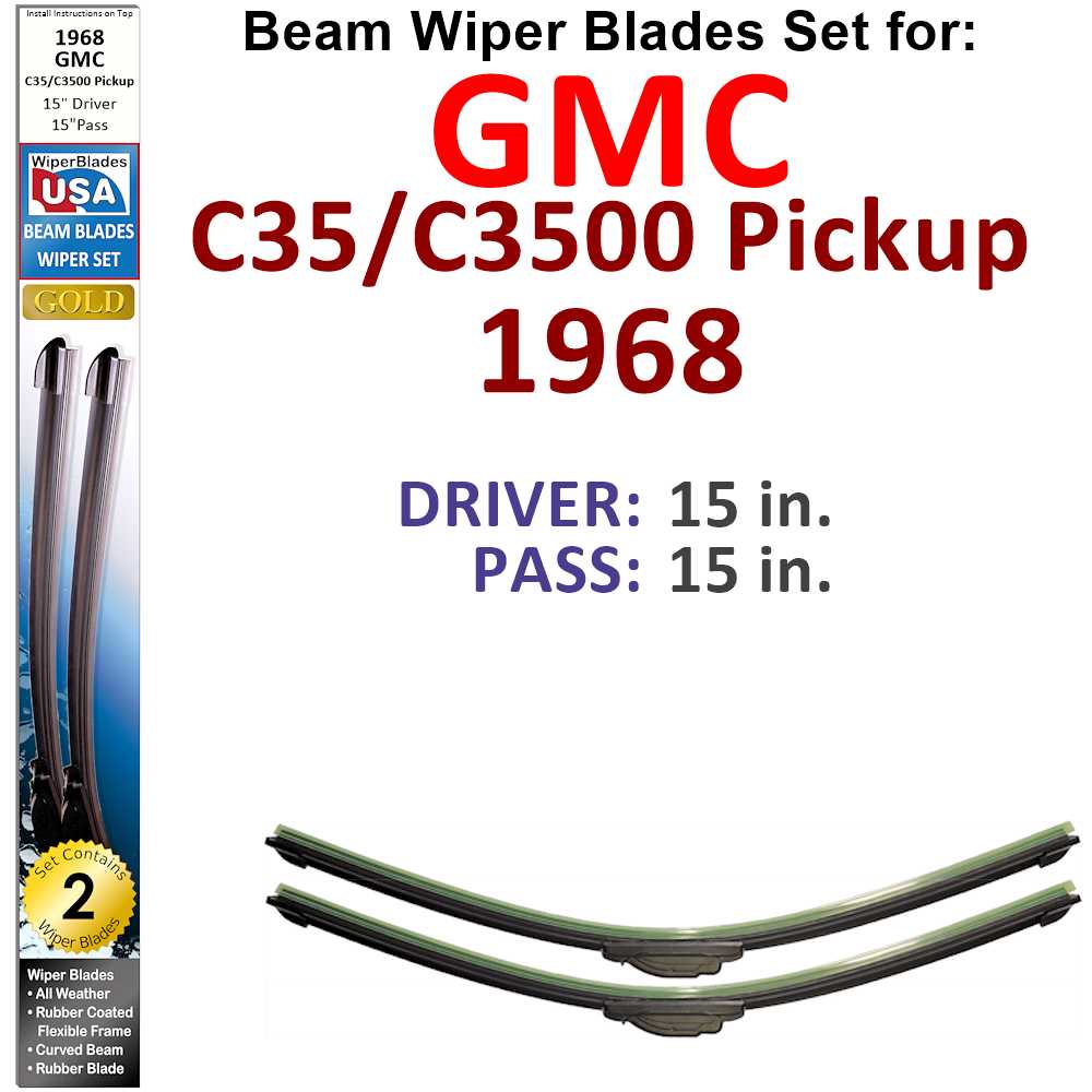 Set of 2 Beam Wiper Blades designed for 1968 GMC C35/C3500 Pickup, showcasing their flexible and durable construction.