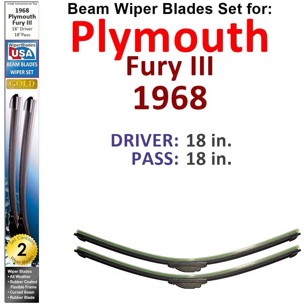 Set of 2 Beam Wiper Blades designed for 1968 Plymouth Fury III, showcasing their flexible and durable construction.