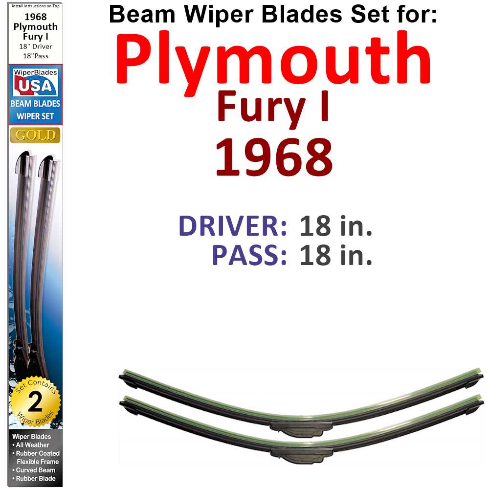 Set of two Beam Wiper Blades designed for 1968 Plymouth Fury I, showcasing their low-profile and flexible design.