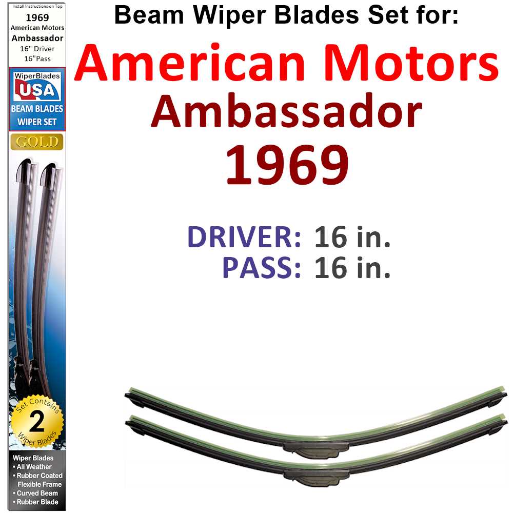 Set of two Beam Wiper Blades designed for 1969 American Motors Ambassador, showcasing their flexible and durable construction.