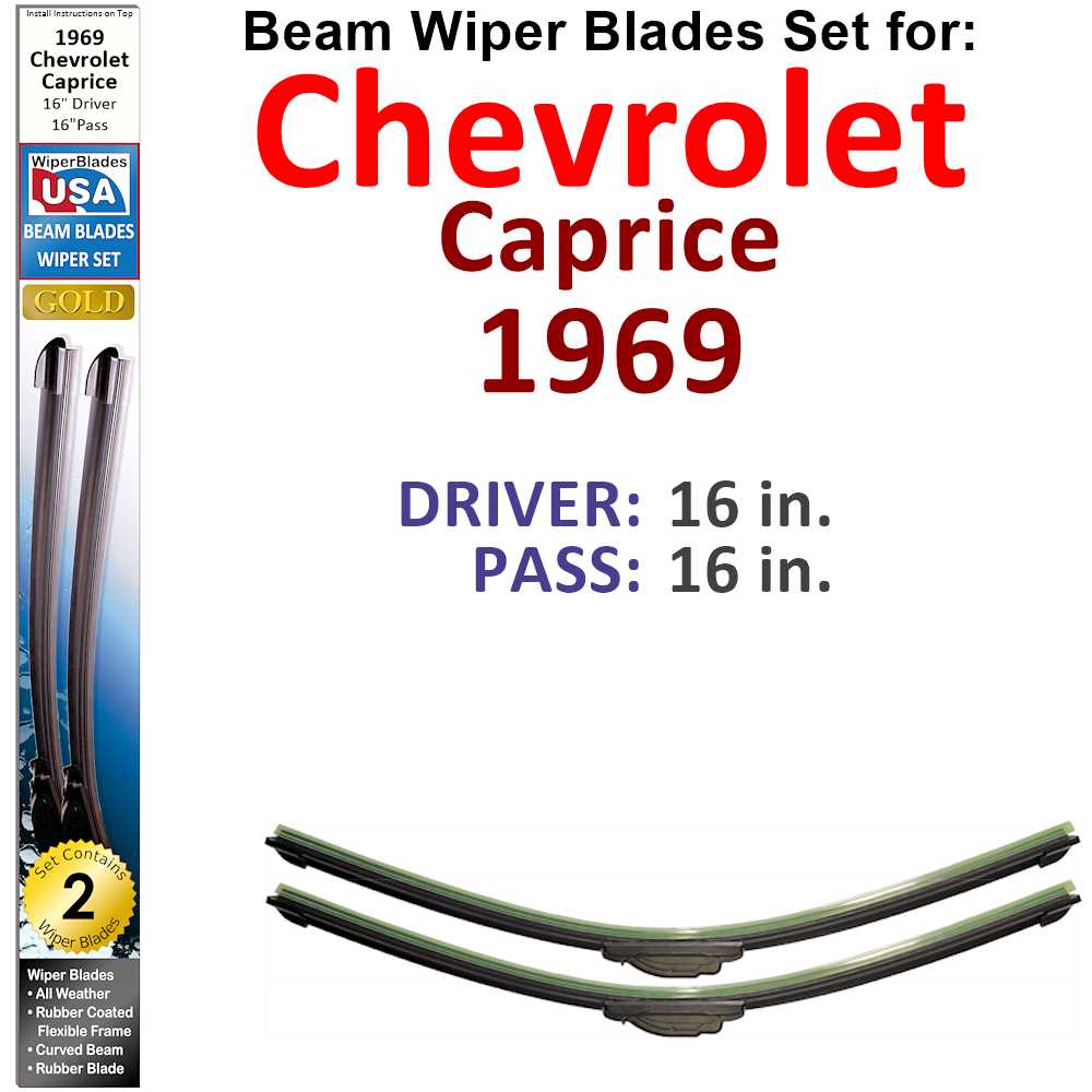 Set of 2 Beam Wiper Blades designed for 1969 Chevrolet Caprice, showcasing their flexible and sealed design for optimal windshield contact.