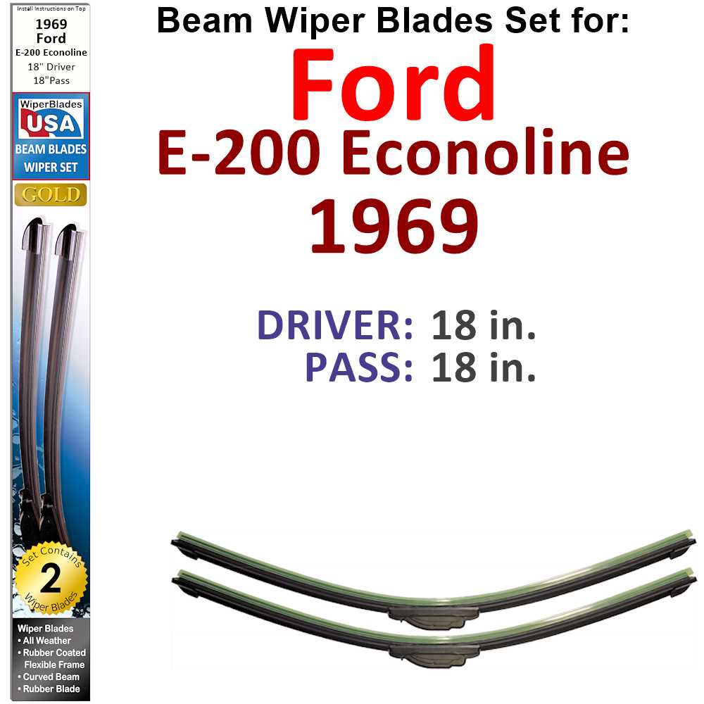 Set of 2 Beam Wiper Blades designed for 1969 Ford E-200 Econoline, showcasing their flexible and durable construction.