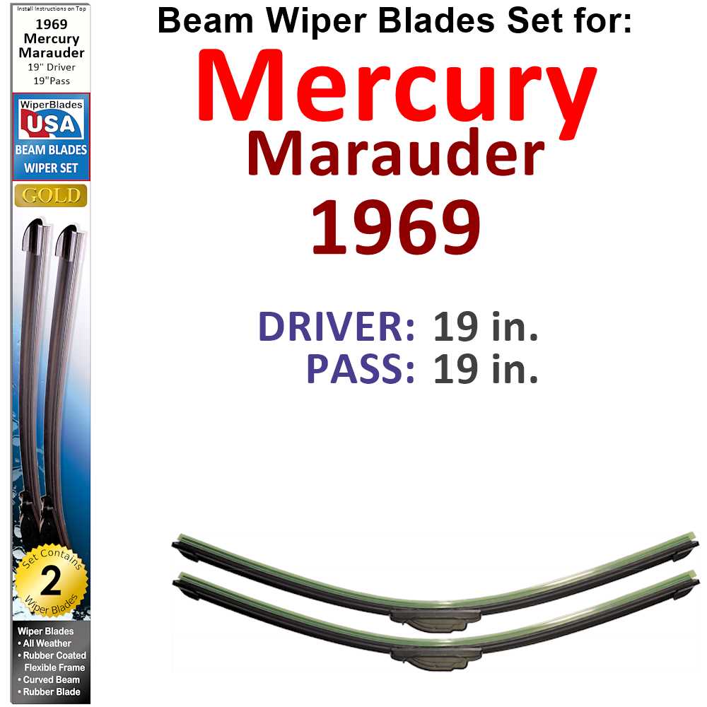 Set of two Beam Wiper Blades designed for 1969 Mercury Marauder, showcasing their flexible and durable construction.