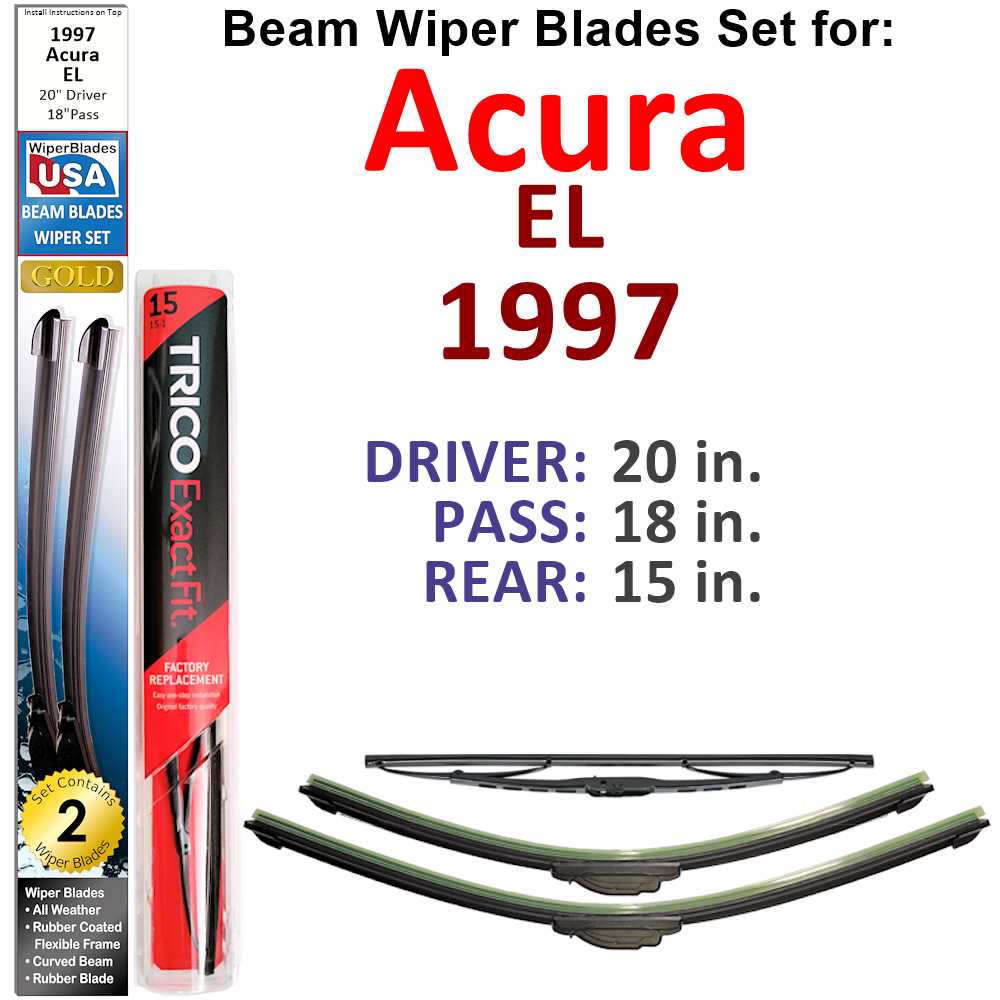 Set of 3 Beam Wiper Blades designed for 1997 Acura EL, showcasing their flexible and durable design.