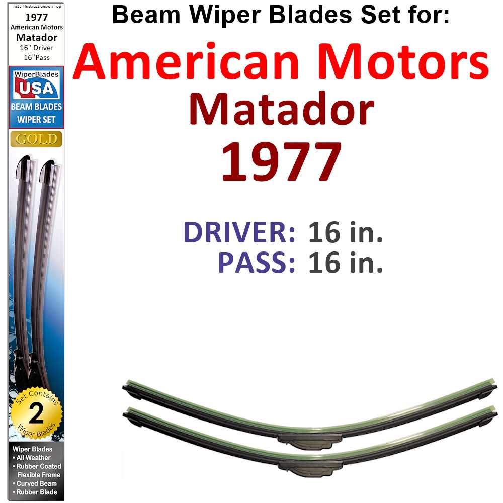 Set of two Beam Wiper Blades designed for 1977 American Motors Matador, showcasing their flexible and durable construction.