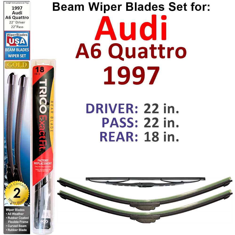 Set of 3 Beam Wiper Blades designed for 1997 Audi A6 Quattro, showcasing their flexible and durable construction.