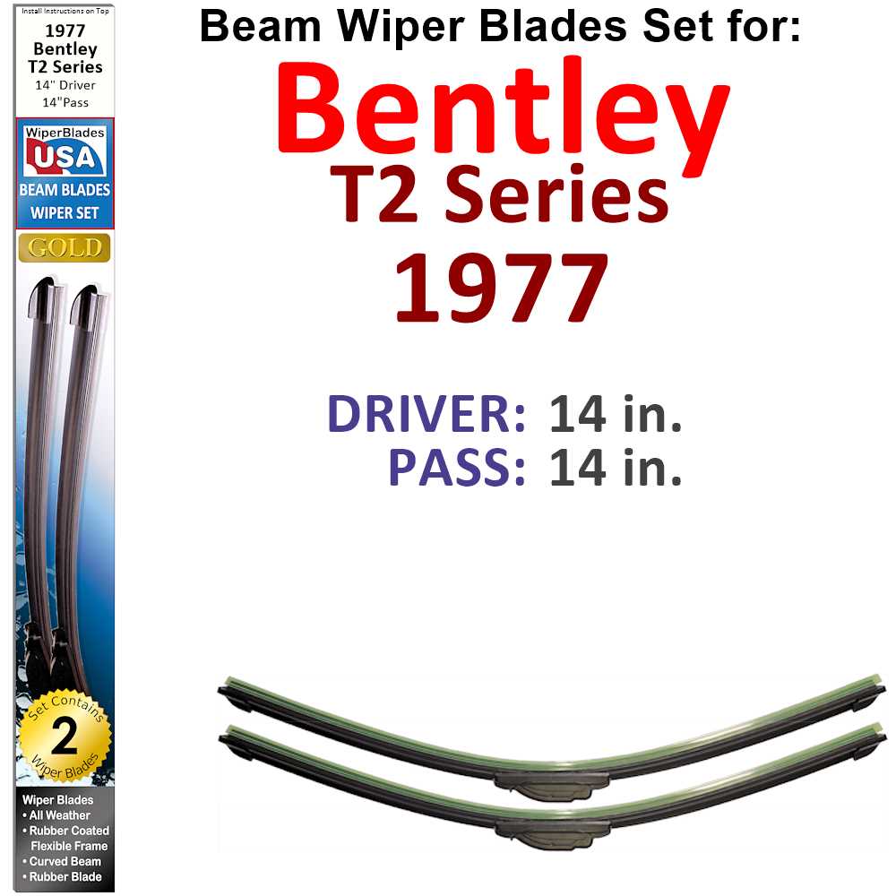 Set of 2 Beam Wiper Blades designed for 1977 Bentley T2 Series, showcasing their sleek design and durable rubber construction.