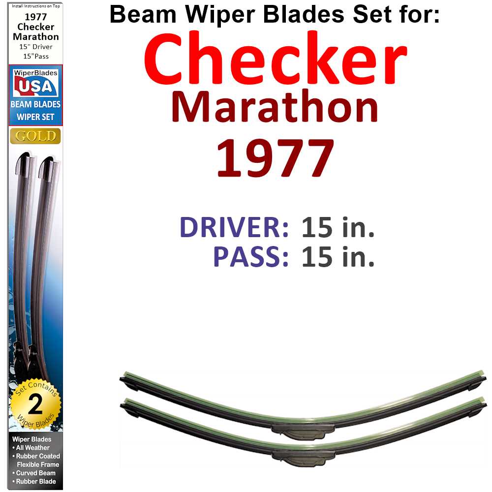 Set of two Beam Wiper Blades designed for 1977 Checker Marathon, showcasing their flexible and sealed construction.