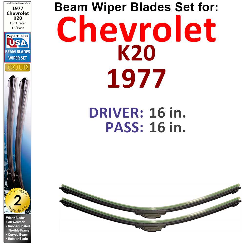 Set of 2 Beam Wiper Blades designed for 1977 Chevrolet K20, showcasing their flexible and durable construction.