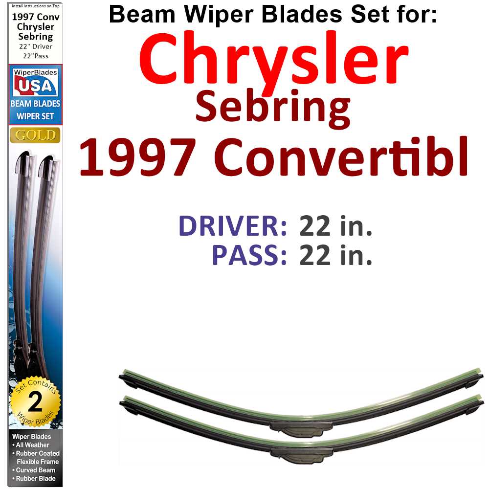 Set of two Beam Wiper Blades designed for 1997 Chrysler Sebring Convertible, showcasing their flexible and durable design.