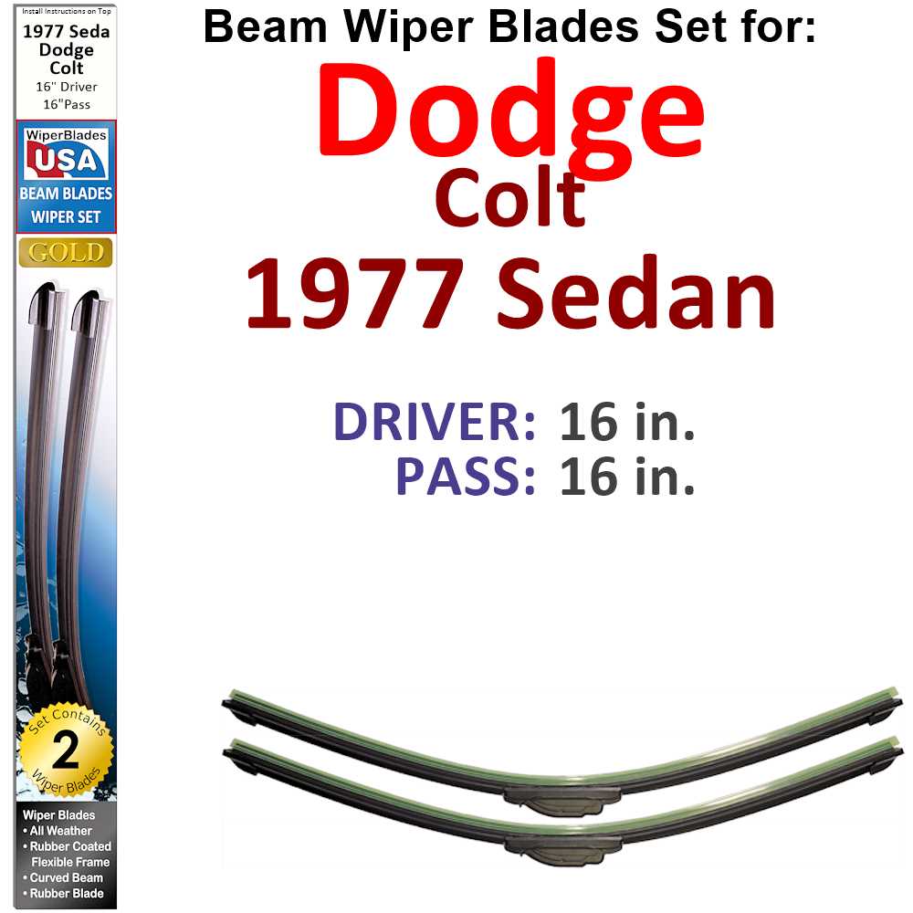 Set of 2 Beam Wiper Blades designed for 1977 Dodge Colt Sedan, showcasing their flexible and durable construction.