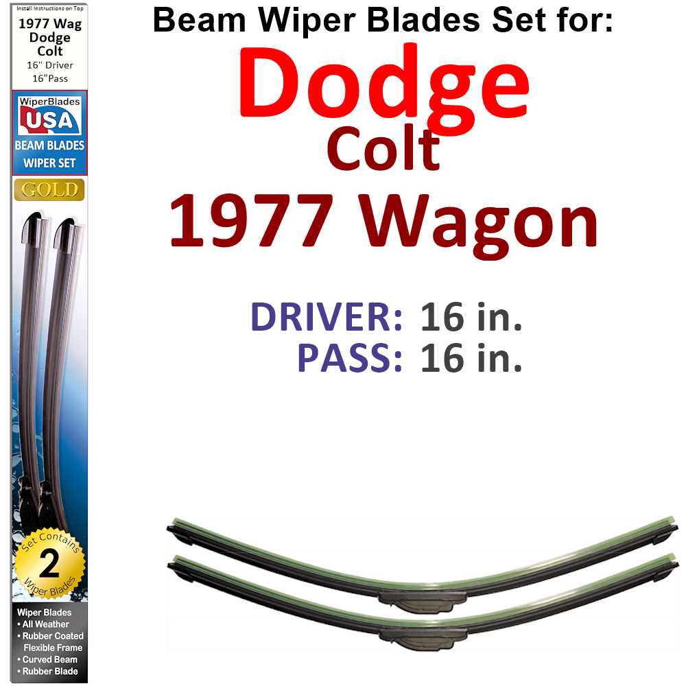 Set of two Beam Wiper Blades designed for 1977 Dodge Colt Wagon, showcasing their flexible and durable construction.