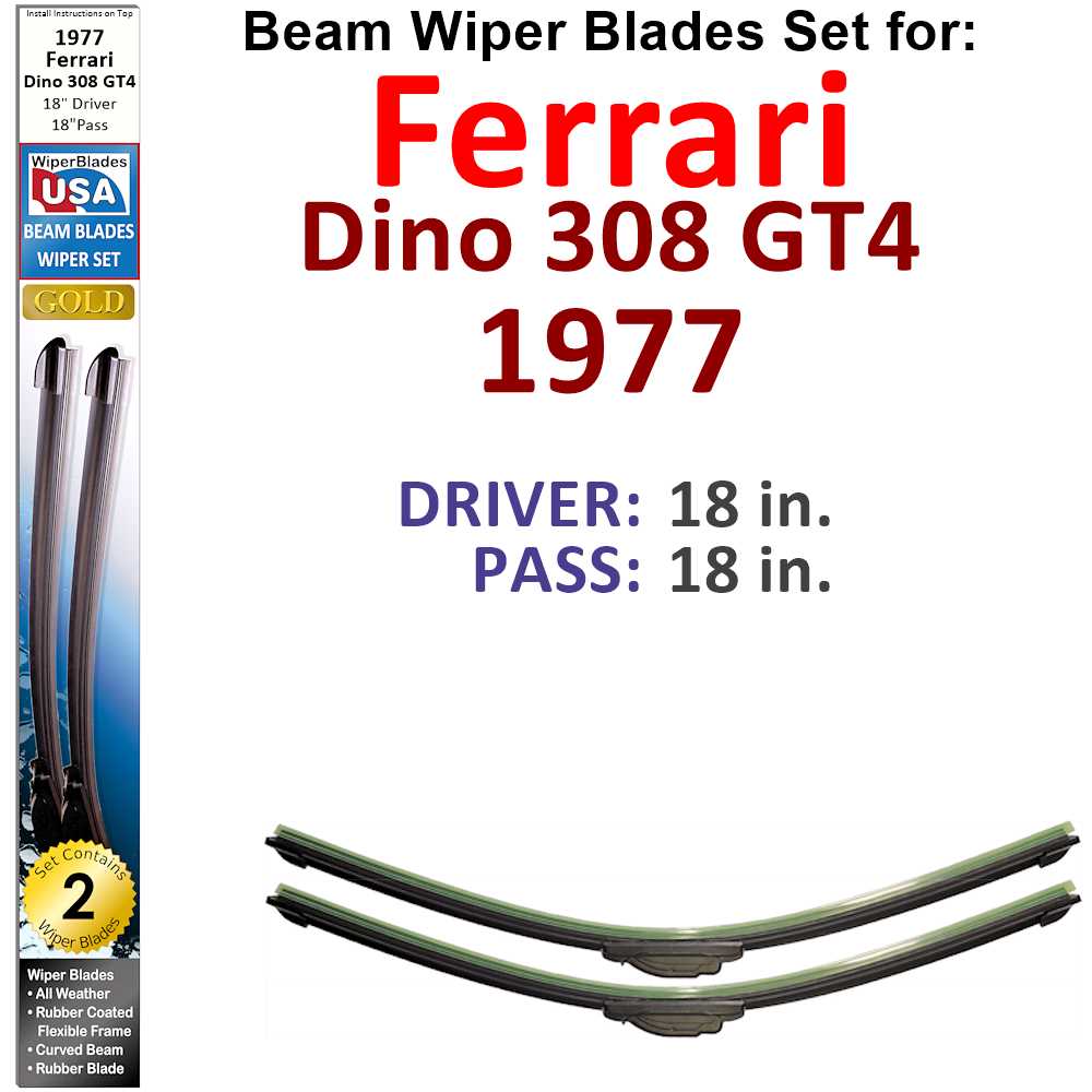 Set of 2 Beam Wiper Blades designed for 1977 Ferrari Dino 308 GT4, showcasing their sleek low-profile design and durable construction.