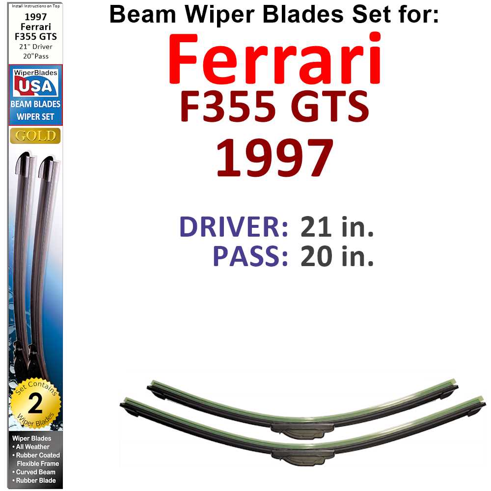 Set of two Beam Wiper Blades designed for 1997 Ferrari F355 GTS, showcasing their sleek design and durable construction.