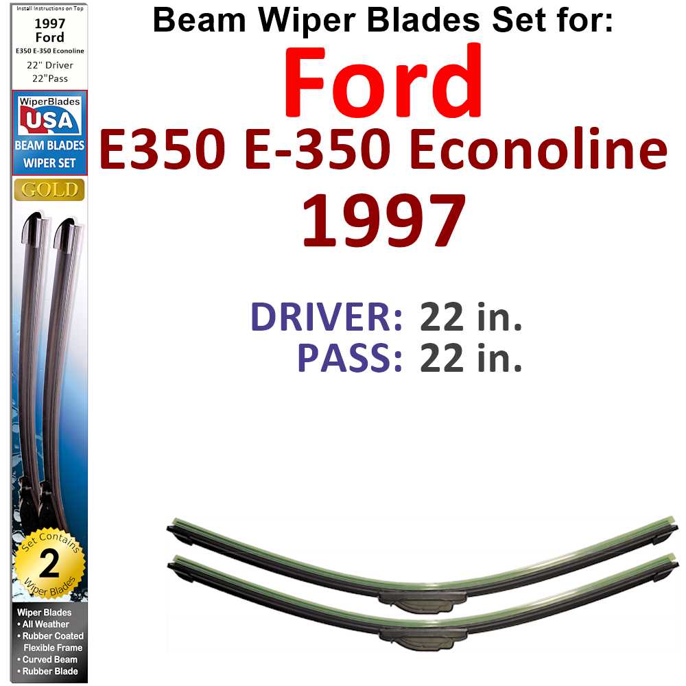 Set of 2 Beam Wiper Blades designed for 1997 Ford E350 E-350 Econoline, showcasing their flexible and durable design.