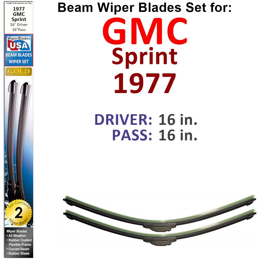 Set of two Beam Wiper Blades designed for 1977 GMC Sprint, showcasing their low-profile and flexible design.