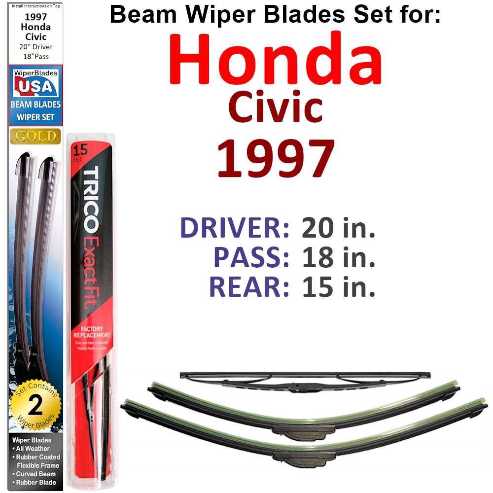 Set of 3 Beam Wiper Blades designed for 1997 Honda Civic, showcasing their flexible and durable design.