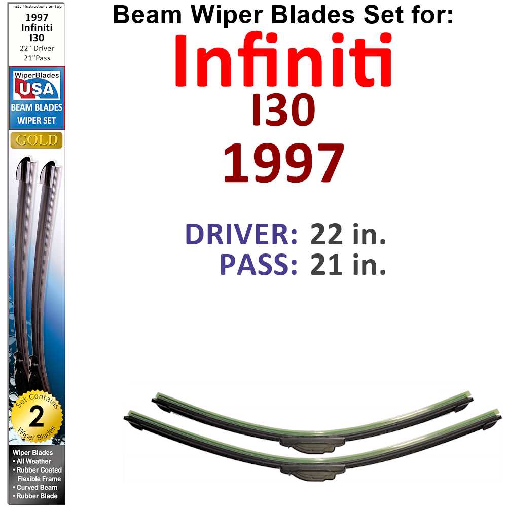 Set of 2 Beam Wiper Blades designed for 1997 Infiniti I30, showcasing their flexible and durable construction.