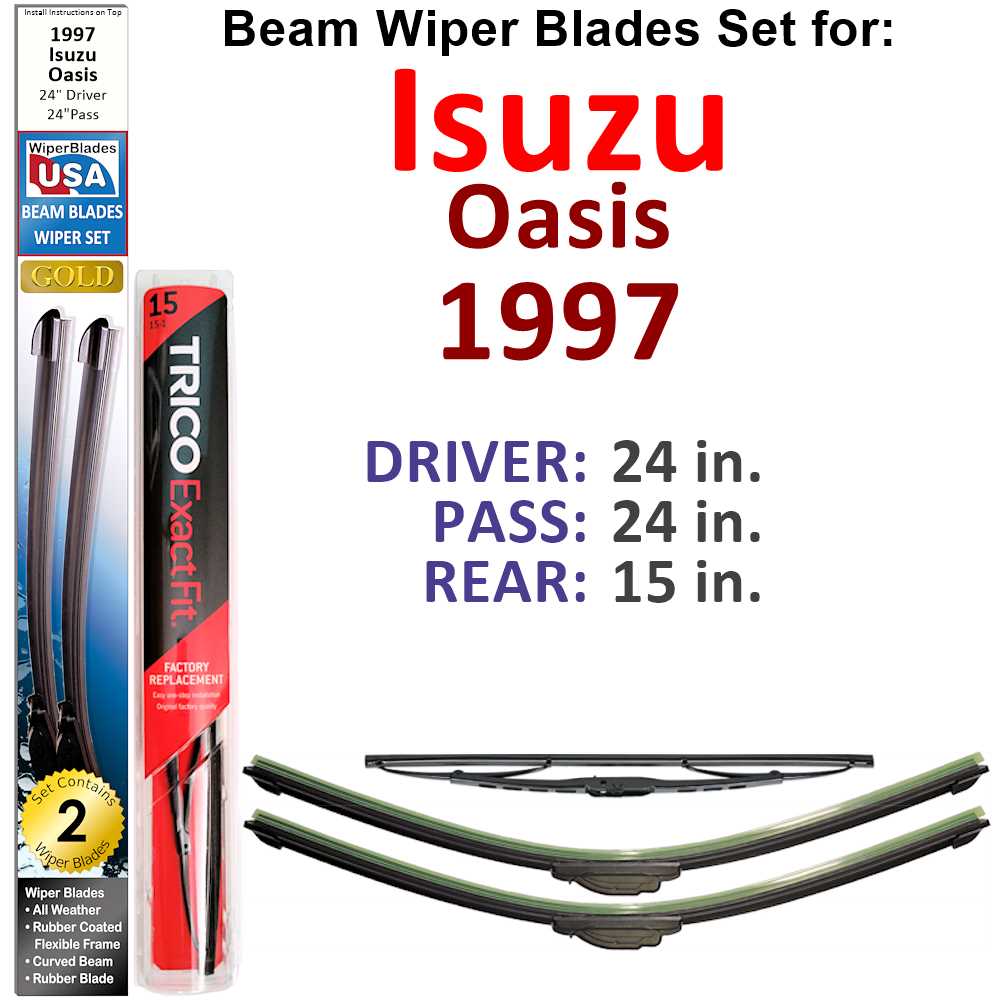 Set of 3 Beam Wiper Blades designed for 1997 Isuzu Oasis, showcasing their flexible and durable rubber-encased design.