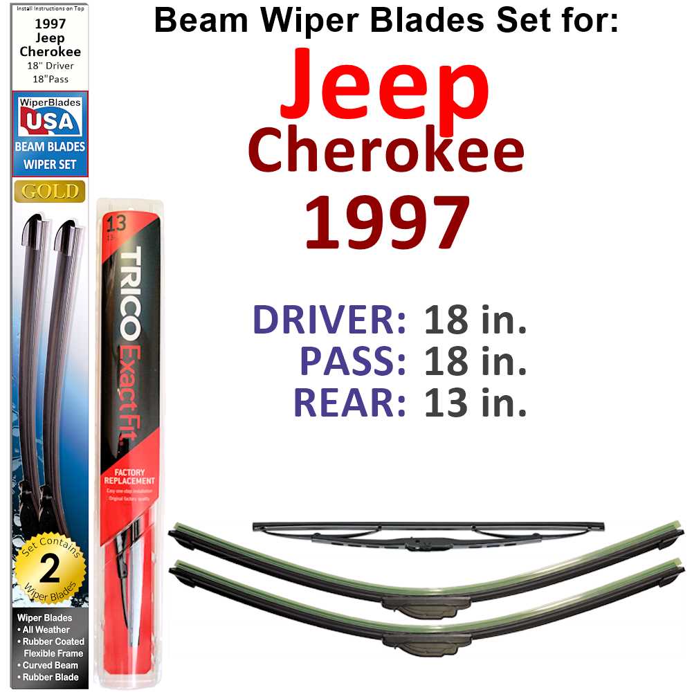 Set of 3 Beam Wiper Blades designed for 1997 Jeep Cherokee, showcasing their flexible and durable construction.