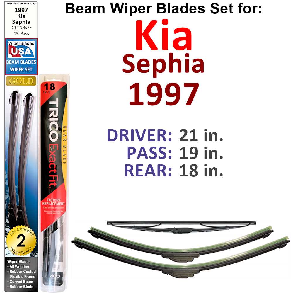 Set of 3 Beam Wiper Blades designed for 1997 Kia Sephia, showcasing their flexible and durable construction.