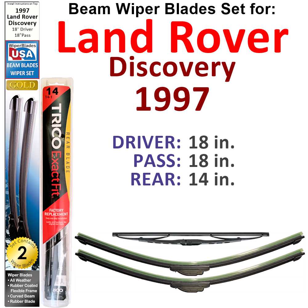 Set of 3 Beam Wiper Blades designed for 1997 Land Rover Discovery, showcasing their flexible and durable design.