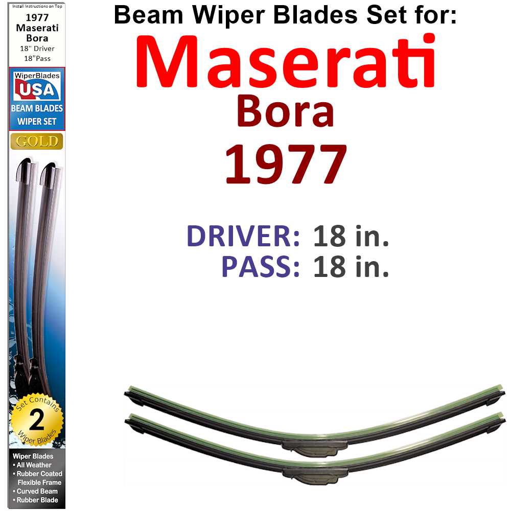 Set of two Beam Wiper Blades designed for 1977 Maserati Bora, showcasing their sleek design and durable construction.