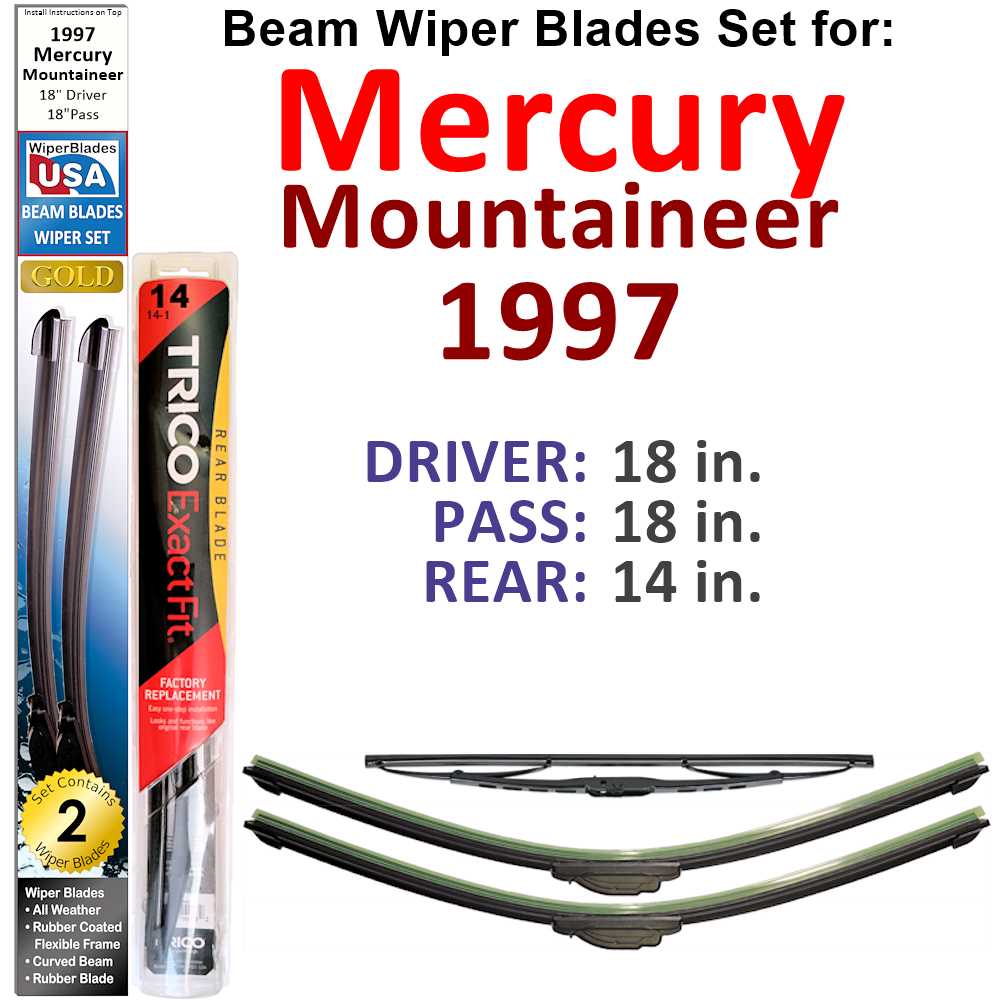 Set of 3 Beam Wiper Blades designed for 1997 Mercury Mountaineer, showcasing their flexible and durable construction.