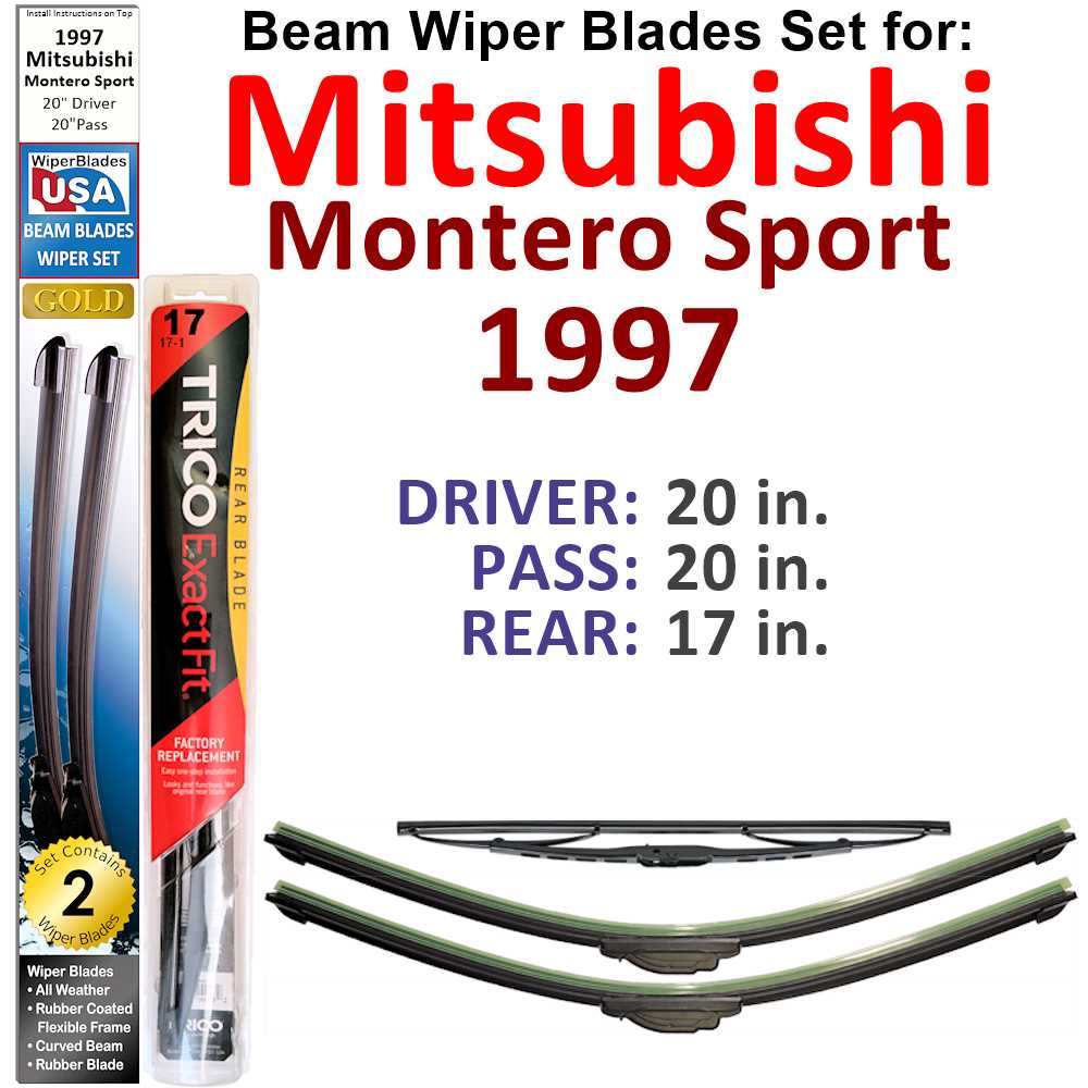 Set of 3 Beam Wiper Blades designed for 1997 Mitsubishi Montero Sport, showcasing their flexible and durable construction.