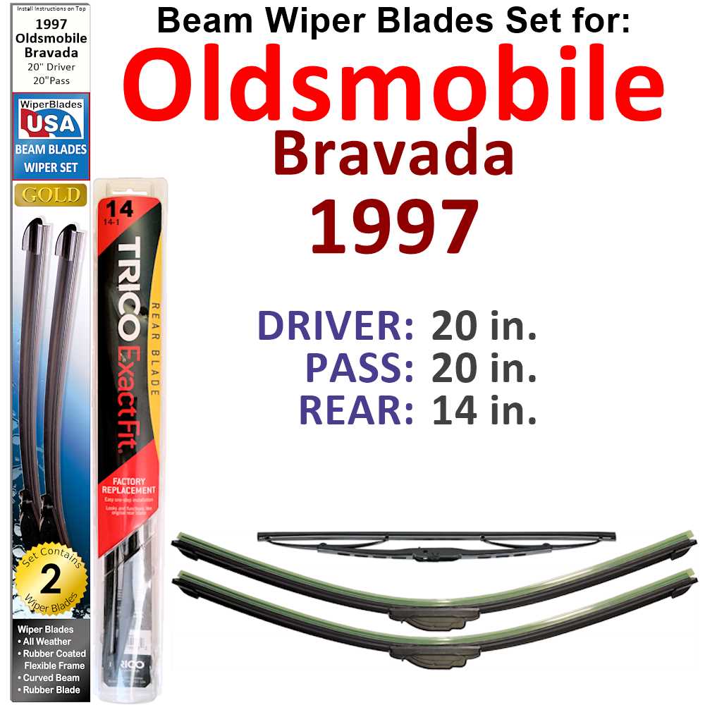 Set of 3 Beam Wiper Blades designed for 1997 Oldsmobile Bravada, showcasing their flexible and durable construction.