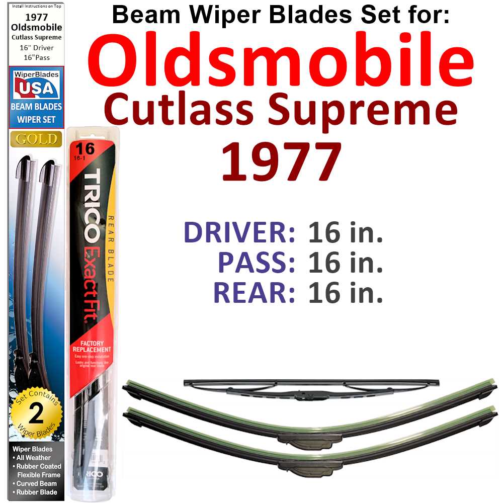 Set of 3 Beam Wiper Blades designed for 1977 Oldsmobile Cutlass Supreme, showcasing their flexible and durable design.