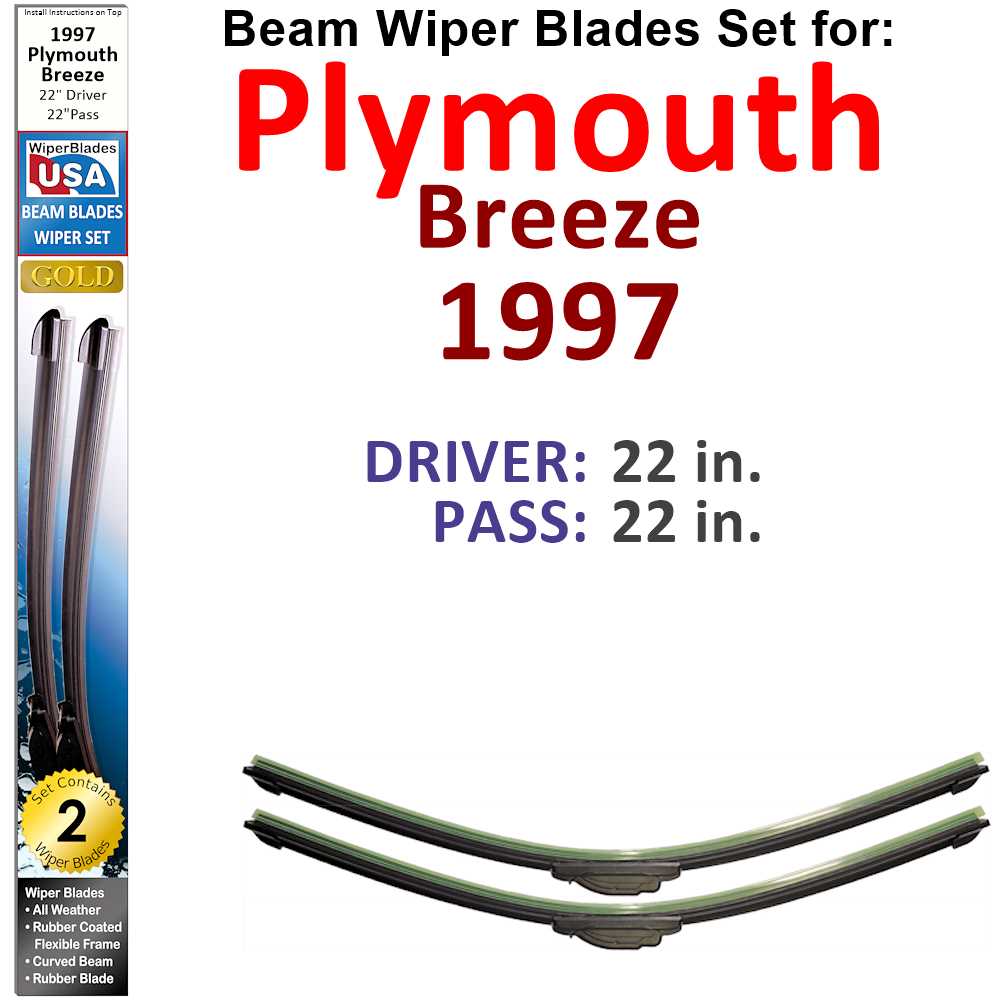 Set of two Beam Wiper Blades designed for 1997 Plymouth Breeze, showcasing their flexible design and rubber-encased metal spine.