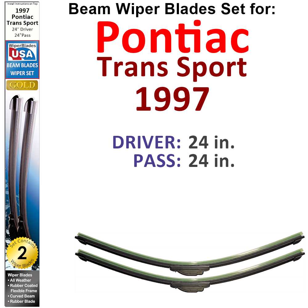 Set of 2 Beam Wiper Blades designed for 1997 Pontiac Trans Sport, showcasing their flexible and durable construction.