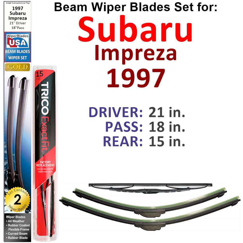 Set of 3 Beam Wiper Blades designed for 1997 Subaru Impreza, showcasing their flexible and low-profile design for optimal windshield contact.