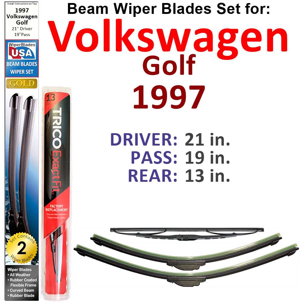 Set of 3 Beam Wiper Blades designed for 1997 Volkswagen Golf, showcasing their flexible and durable construction.