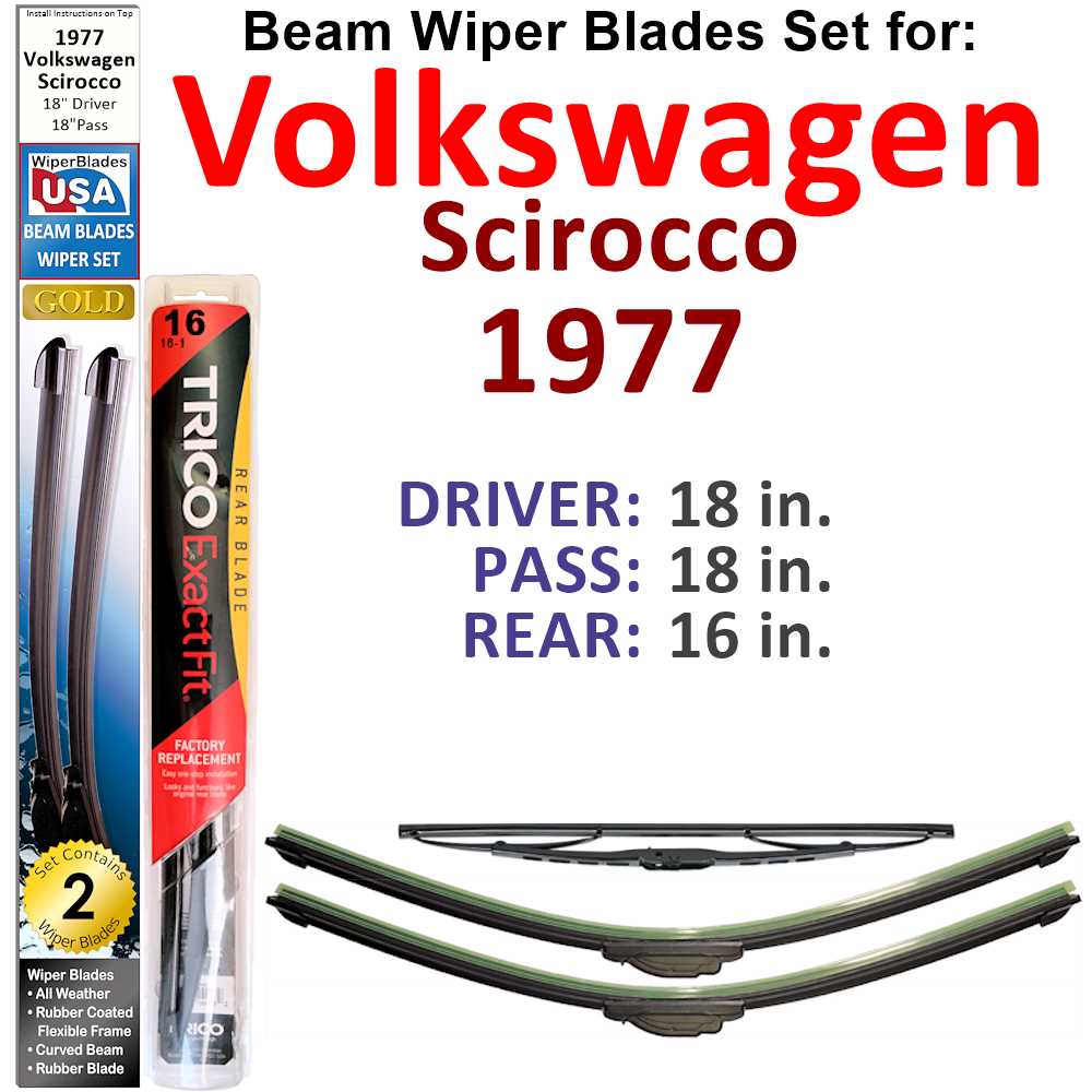 Set of 3 Beam Wiper Blades designed for 1977 Volkswagen Scirocco, showcasing their flexible and durable construction.