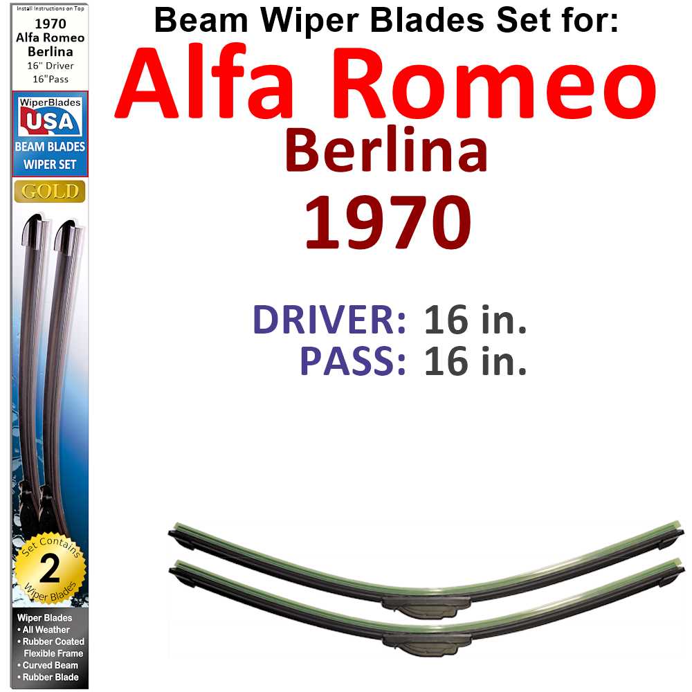 Set of two Beam Wiper Blades designed for 1970 Alfa Romeo Berlina, showcasing their flexible and durable construction.