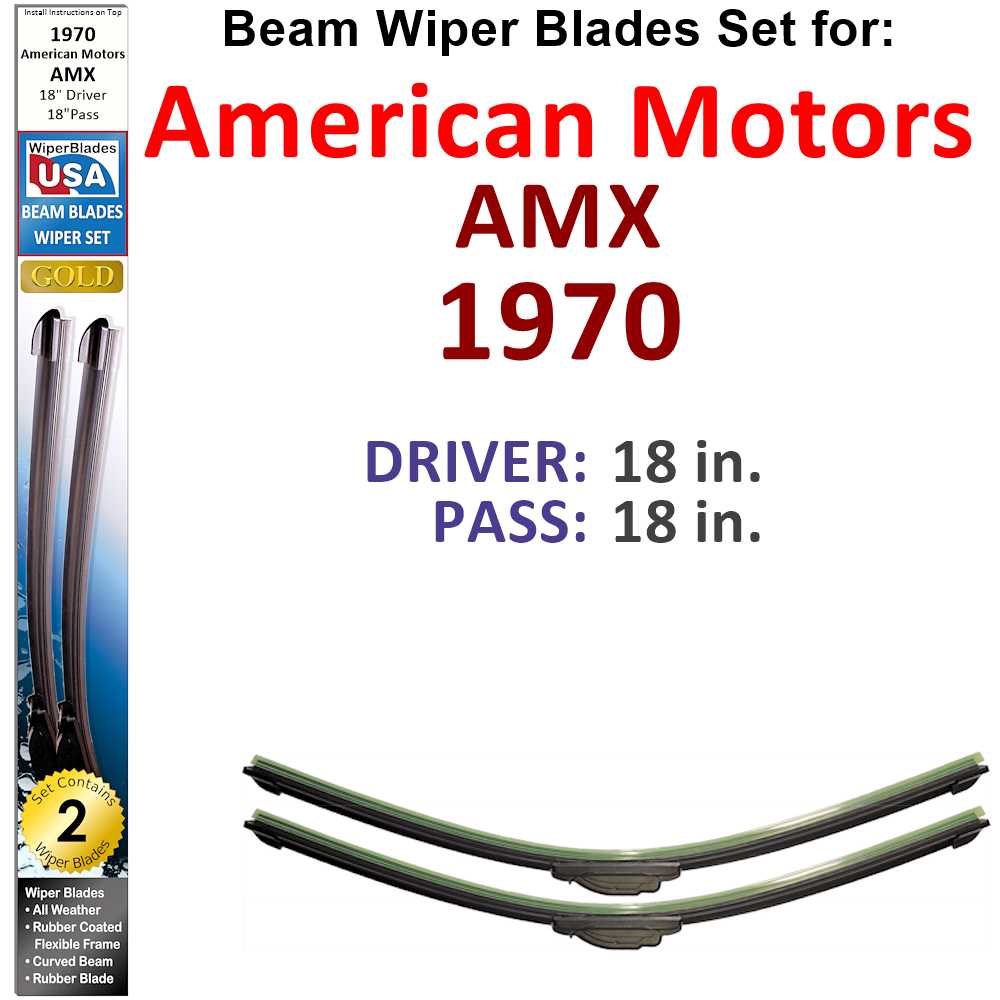 Set of 2 Beam Wiper Blades designed for 1970 American Motors AMX, featuring a low-profile and flexible design for optimal windshield contact.