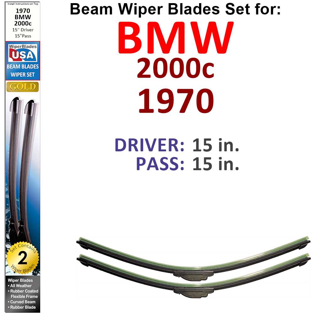 Set of two Beam Wiper Blades designed for 1970 BMW 2000c, showcasing their flexible and sealed construction for optimal windshield contact.