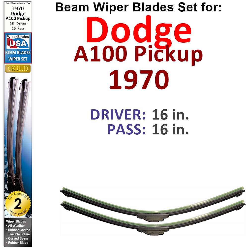 Set of 2 Beam Wiper Blades designed for 1970 Dodge A100 Pickup, showcasing their flexible and durable construction.