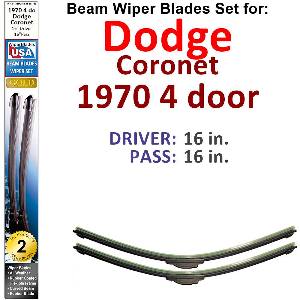 Set of 2 Beam Wiper Blades designed for 1970 Dodge Coronet 4 door, showcasing their flexible and durable construction.