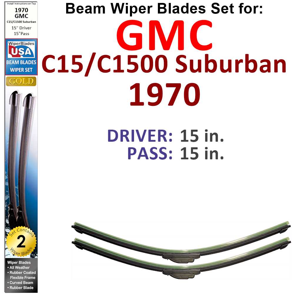 Set of 2 Beam Wiper Blades designed for 1970 GMC C15/C1500 Suburban, showcasing their flexible and durable construction.