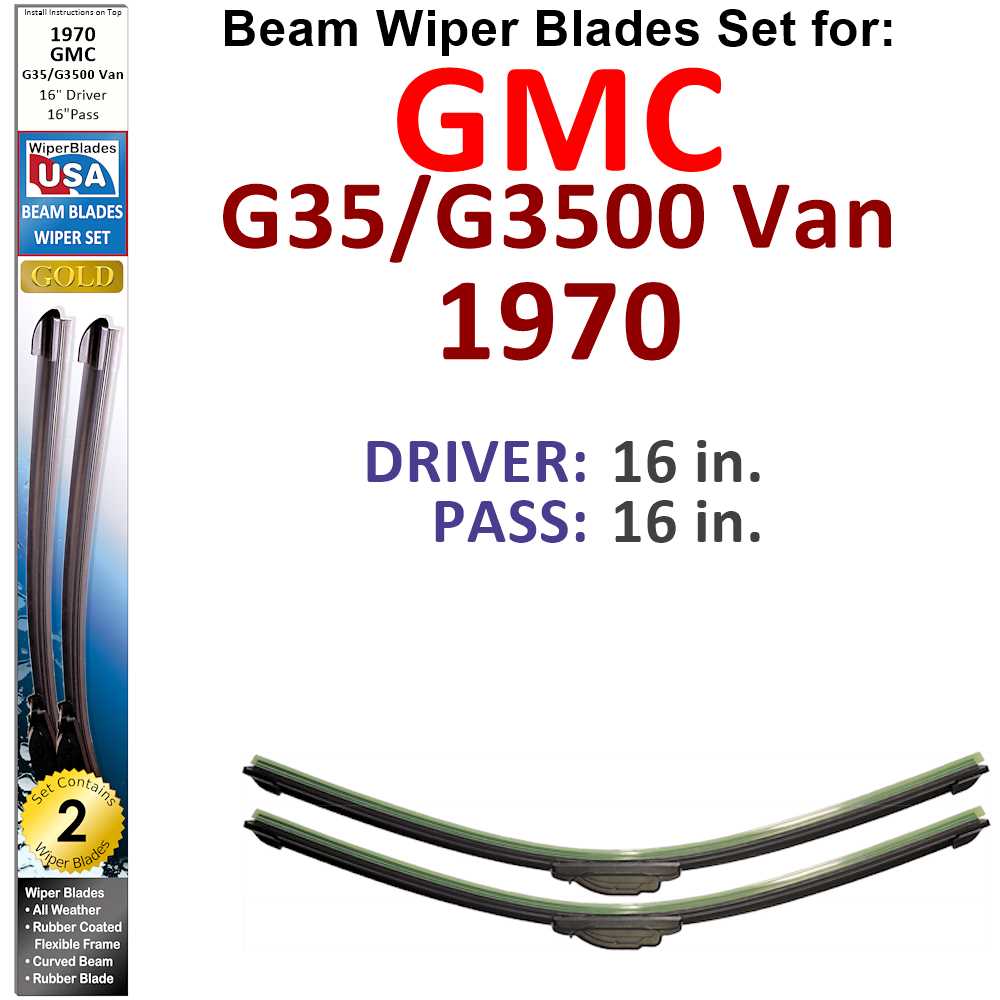 Set of 2 Beam Wiper Blades designed for 1970 GMC G35/G3500 Van, showcasing their flexible and durable construction.