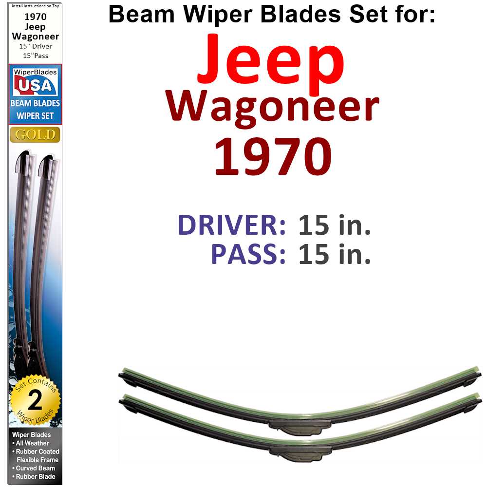 Set of 2 Beam Wiper Blades for 1970 Jeep Wagoneer, showcasing their flexible design and durable rubber construction.