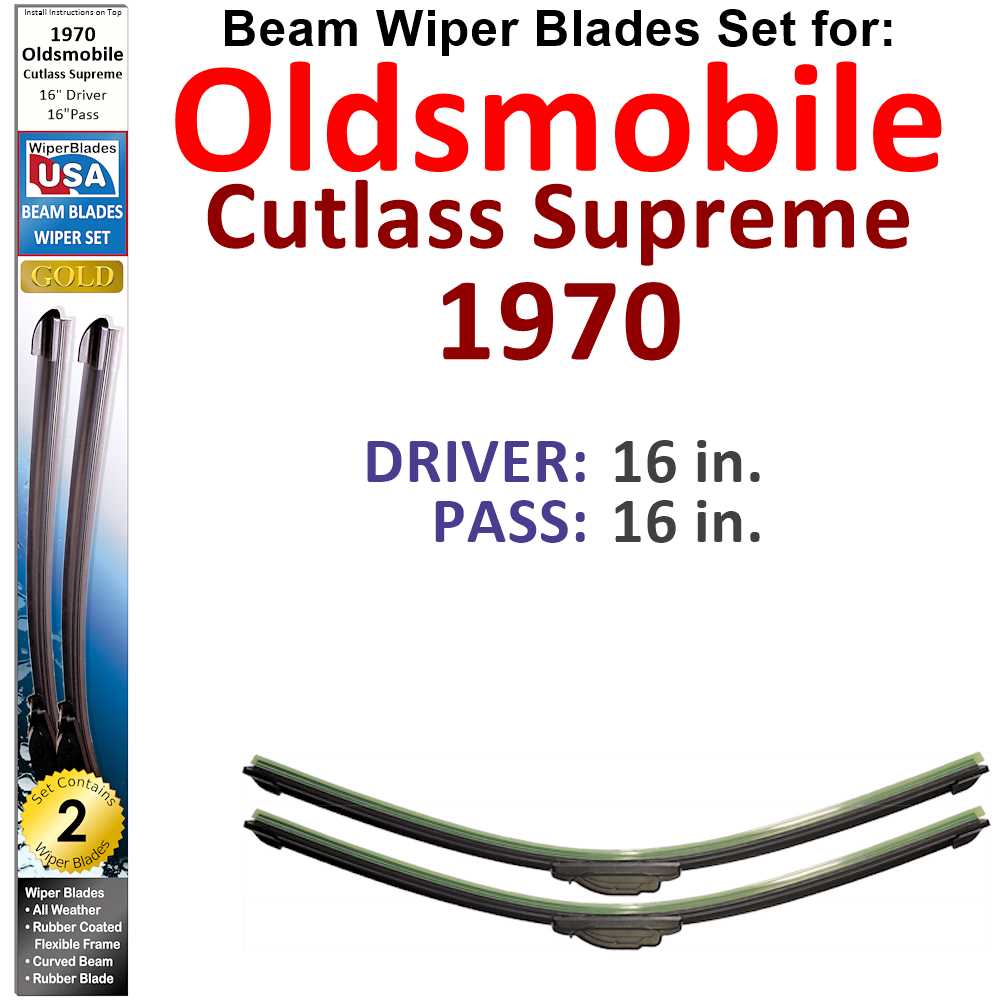 Set of two Beam Wiper Blades designed for 1970 Oldsmobile Cutlass Supreme, showcasing their flexible and durable construction.