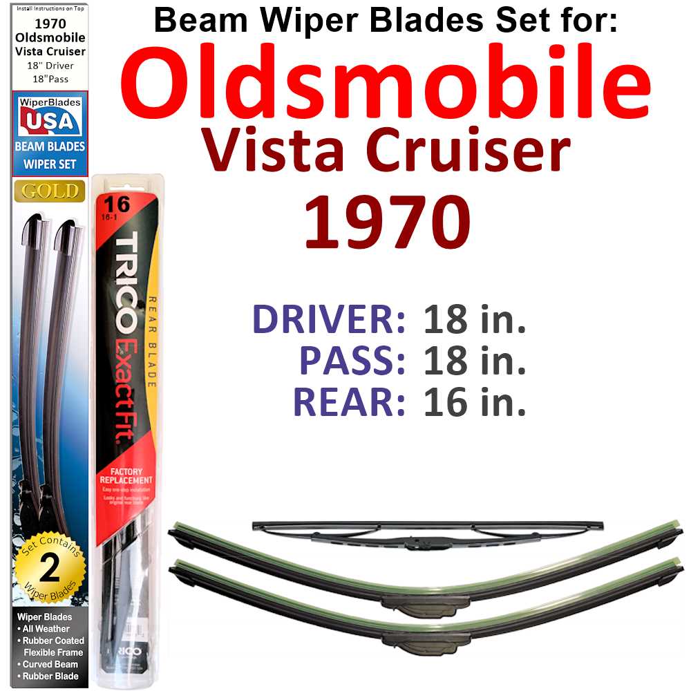 Set of 3 Beam Wiper Blades designed for 1970 Oldsmobile Vista Cruiser, showcasing their flexible and durable construction.