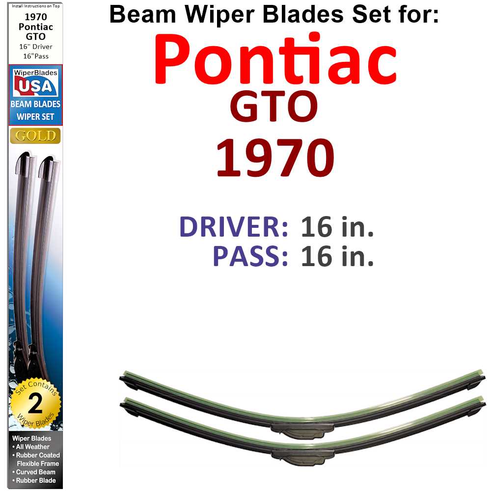 Set of 2 Beam Wiper Blades designed for 1970 Pontiac GTO, showcasing their flexible and sealed construction for optimal windshield cleaning.